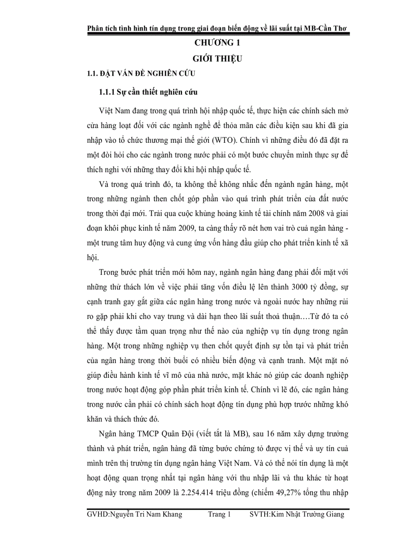 Phân tích tình hình tín dụng trong giai đoạn biến động về lãi suất tại MB Cần Thơ