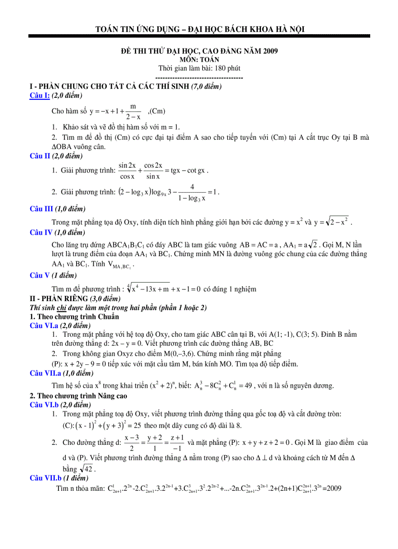 Đề thi thử đại học môn toán năm 2011 của đh bách khoa HN