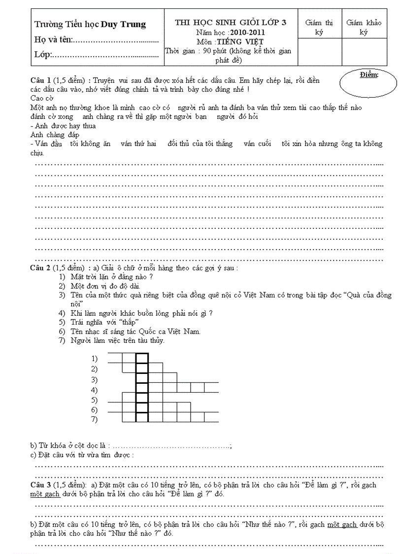 Thi học sinh giỏi lớp 3 Năm học 2010 2011 Môn Tiếng Việt