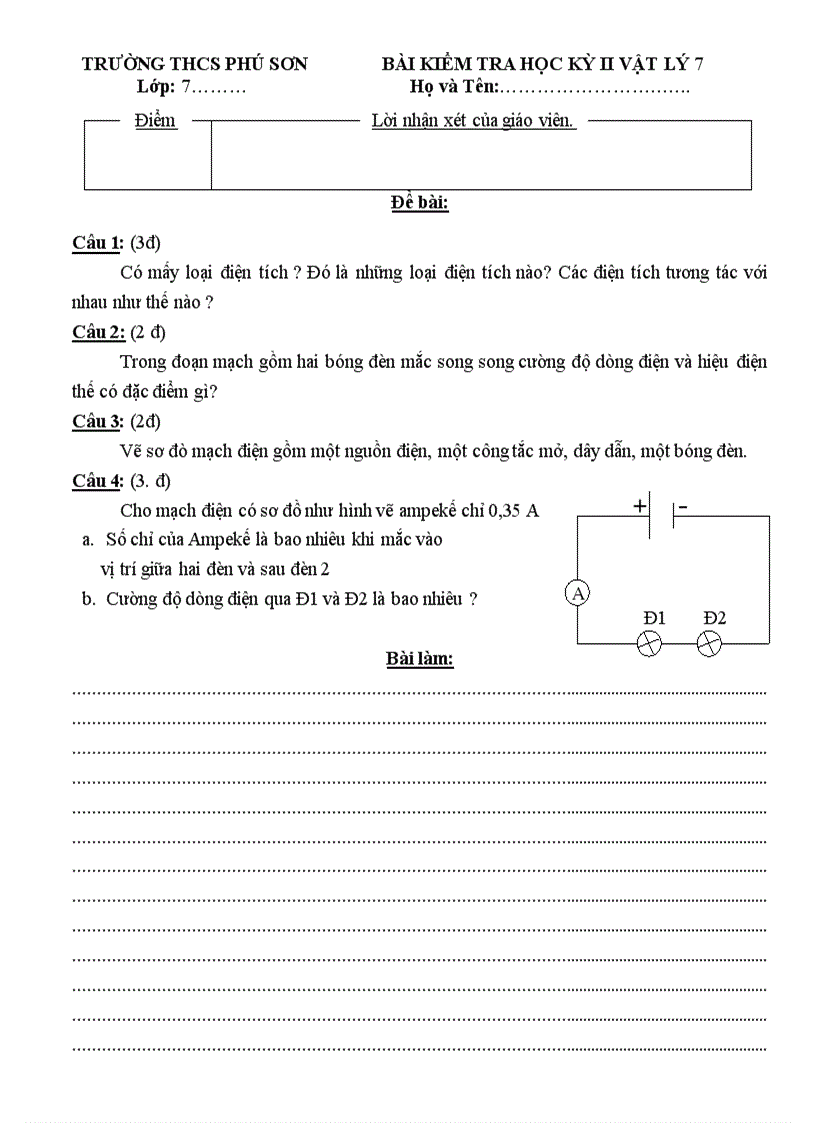 Bài kiểm tra học kỳ ii vật lý 7