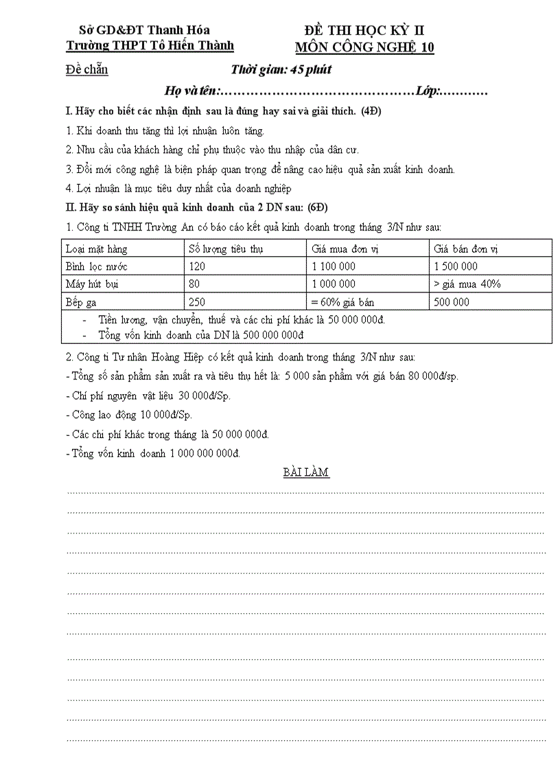 Đề thi học kỳ ii môn công nghệ 10