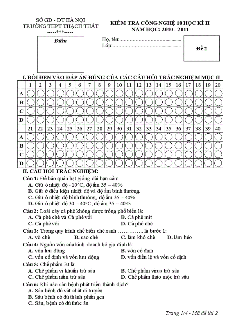 Kiểm tra công nghệ 10 học kì ii năm học 2010 2011trường thpt thạch thất