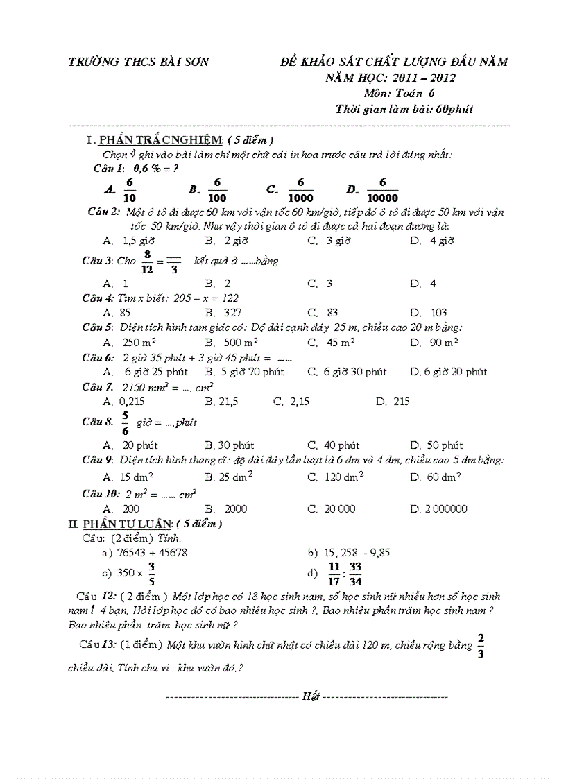Đề khảo sát chất lượng đầu năm 2011 môn toán lớp 6