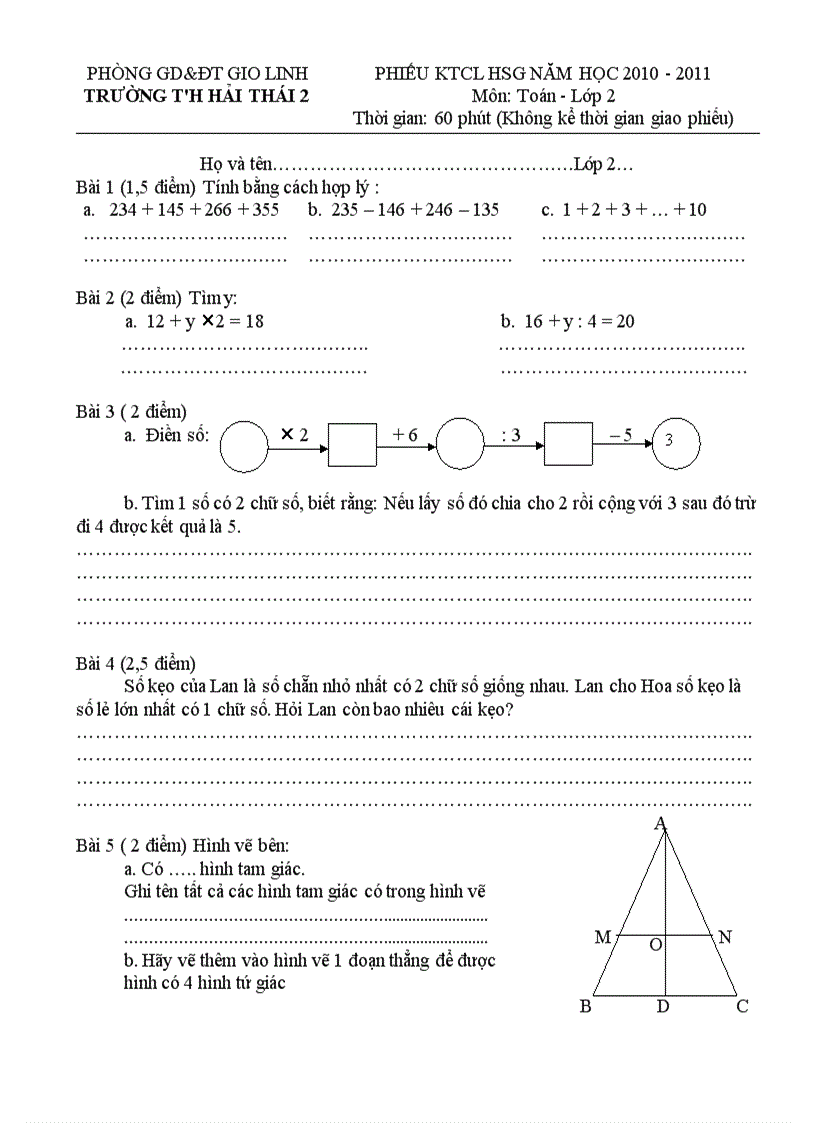 PHIẾU KTCL HSG NĂM HỌC 2010 2011 Môn Toán Lớp 2