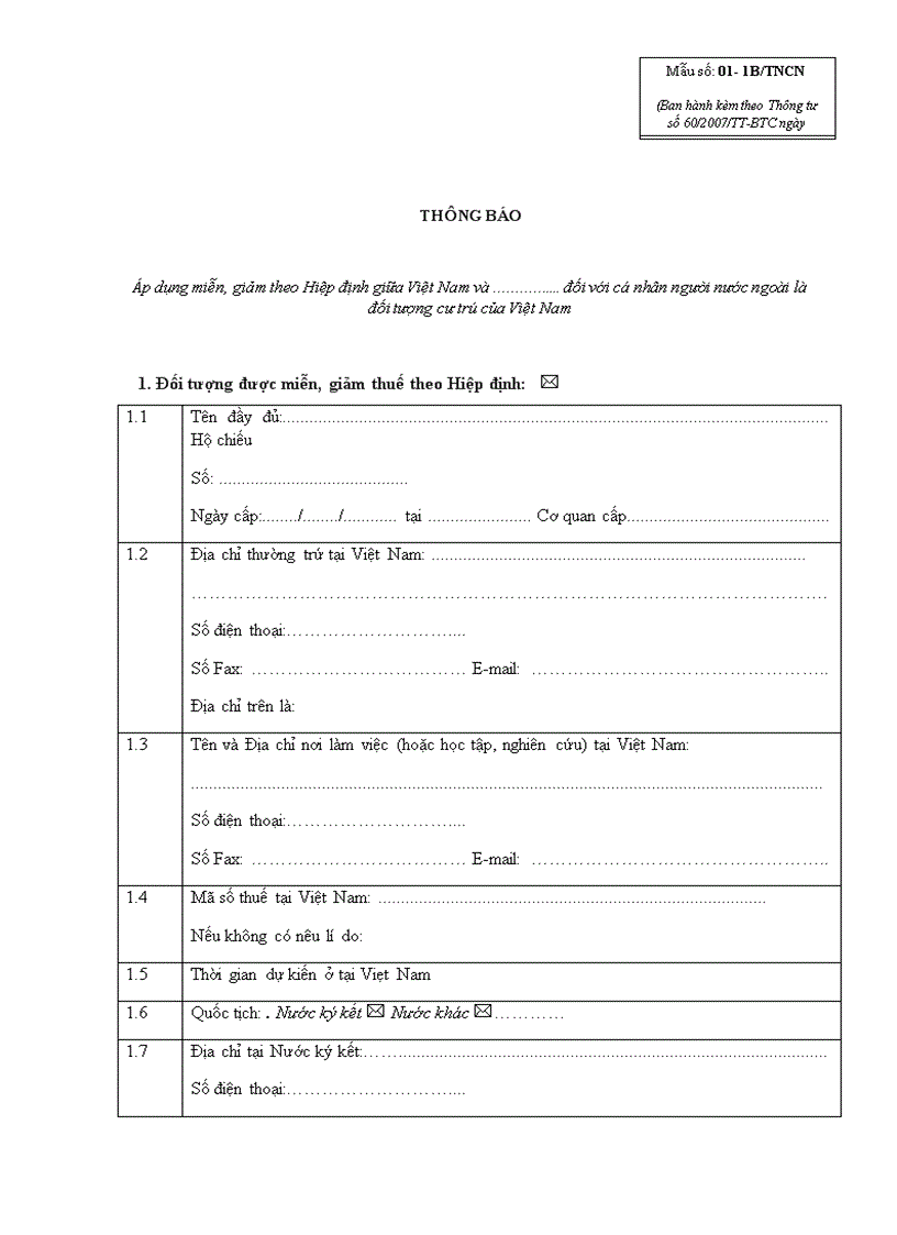 Mẫu Thông báo miễn giảm theo Hiệp định với người nước ngoài là ĐT cư trú của Việt Nam