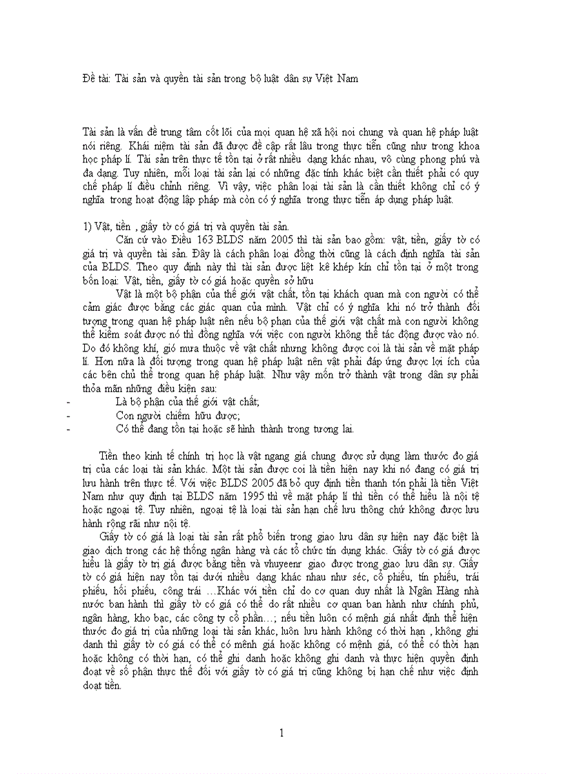 Đề tài Tài sản và quyền tài sản trong bộ luật dân sự Việt Nam