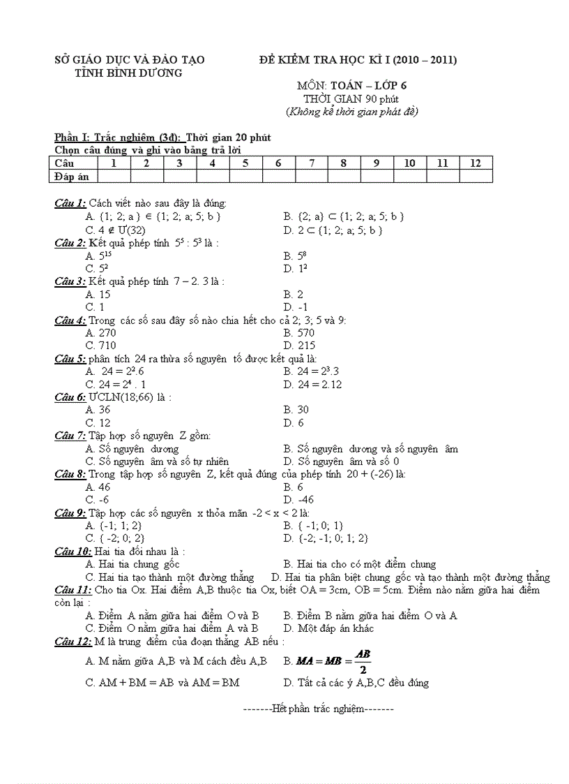 Đề thi hk 1 môn toán tỉnh bình dương năm học 2010 2011