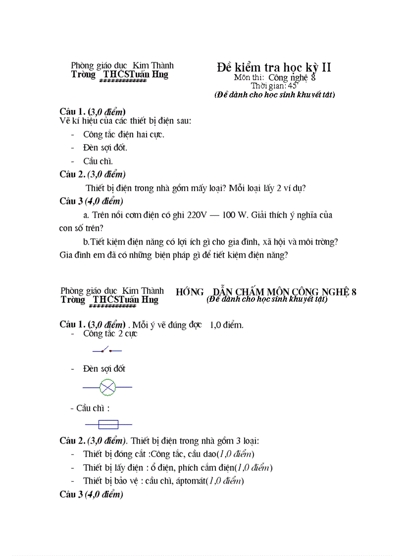 Đề kiểm tra công nghệ 15 phút 8