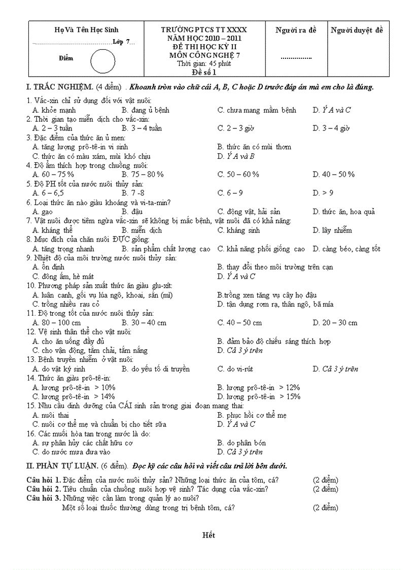 Đề thi học kỳ ii môn công nghệ 7