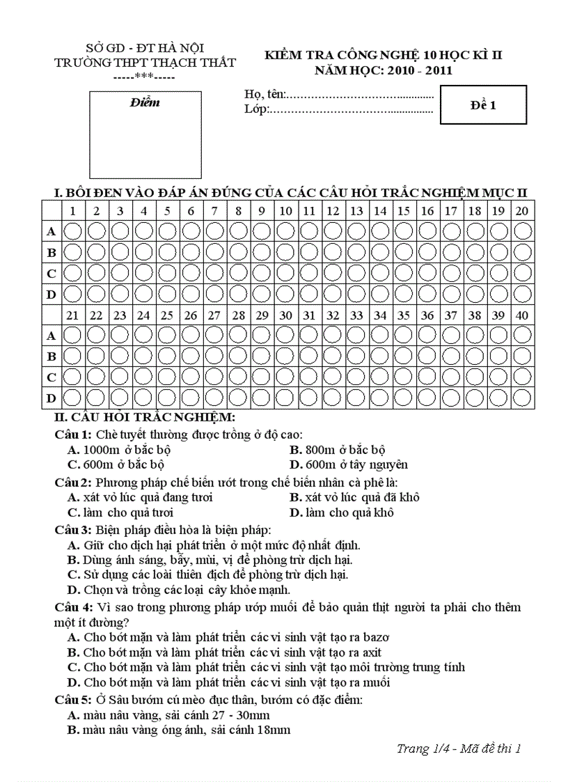 Kiểm tra công nghệ 10 học kì ii năm học 2010 2011 2