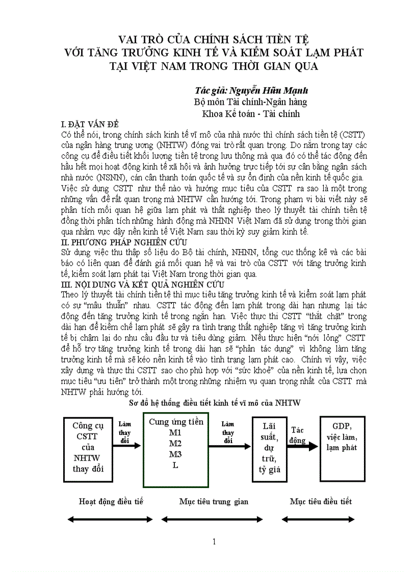 Vai trò của chính sách tièn tệ với tăng trưởng kinh tế và kiểm soát lạm phát tại việt nam trong thời gian qua