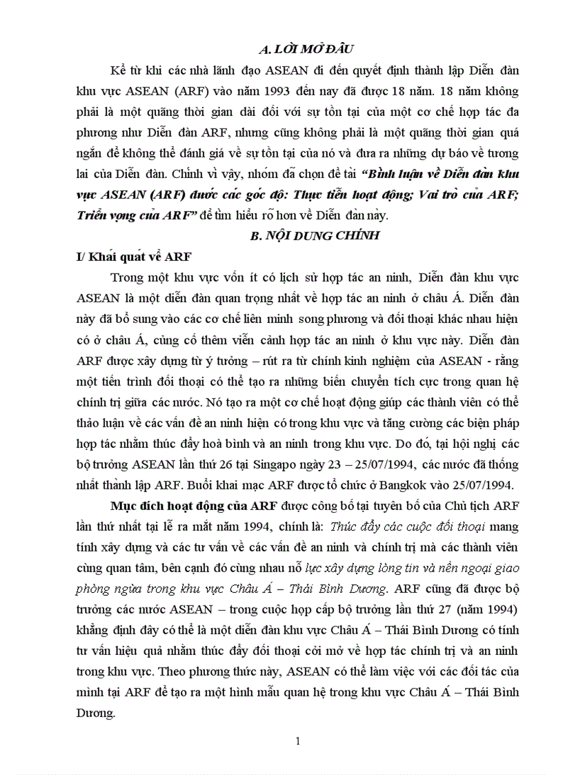 Bình luận về Diễn đàn khu vực ASEAN ARF dước các góc độ Thực tiễn hoạt động Vai trò của ARF Triển vọng của ARF