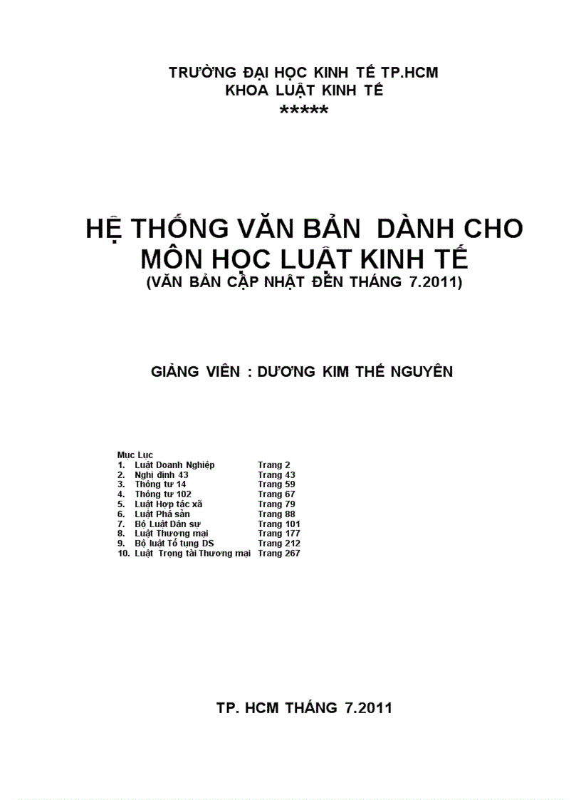 Hệ thống văn bản dành cho môn học luật kinh tế word