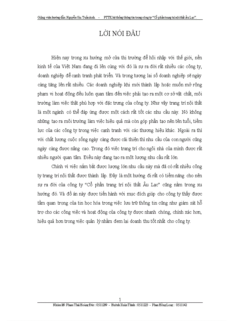 PTTK hệ thống thông tin trong công ty Cổ phần trang trí nội thất Âu Lạc