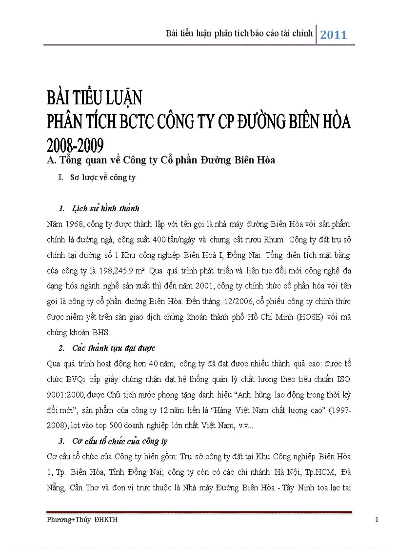 Phân tích BCTC công ty CP đường Biên Hòa năm 2008 2009