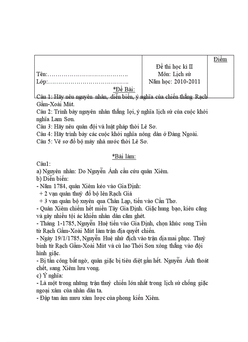 Đề thi học kì II Môn Lịch sử Năm học 2010 2011