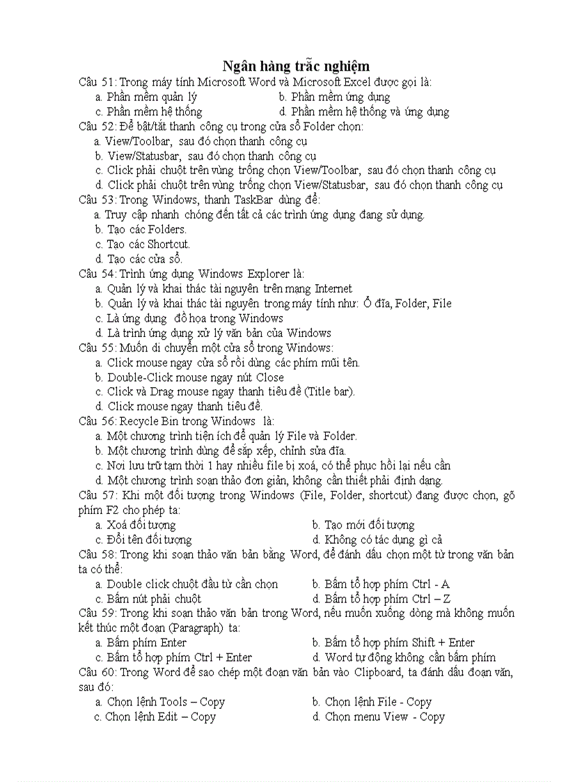 Trắc nghiệm word và exel