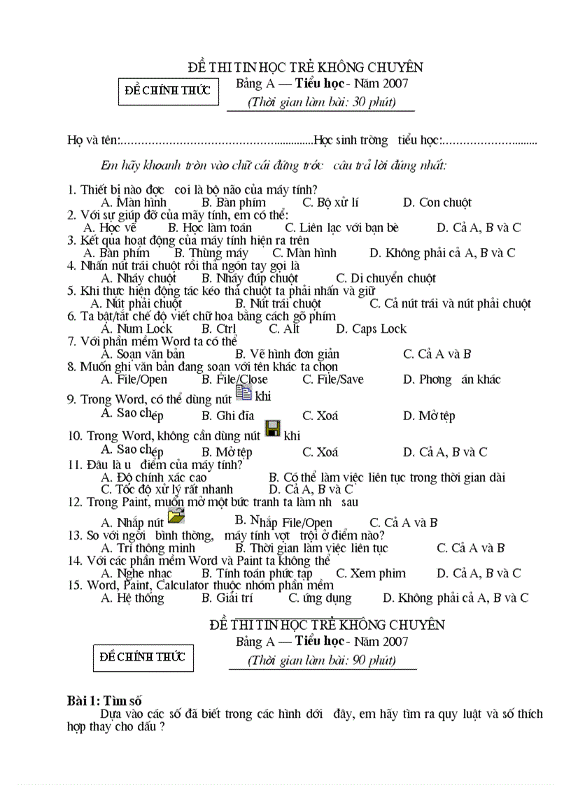 Đề thi tin học không chuyên cấp tiểu học năm 2007