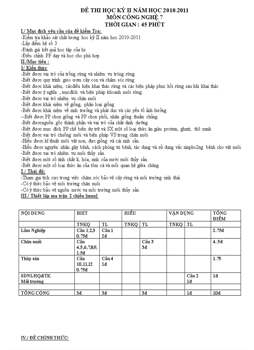 Đề thi học kỳ ii năm học 2010 2011 môn công nghệ