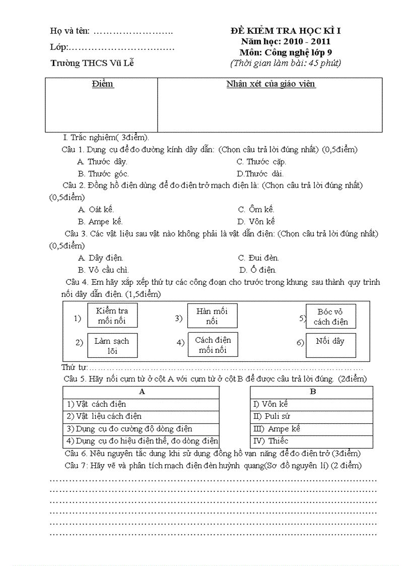 Đề kiểm tra học kì i môn công nghệ