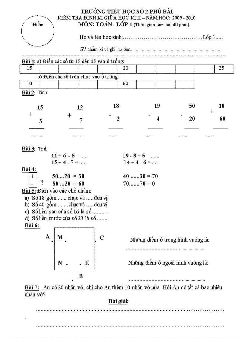 Kiểm tra định kì giữa học kì ii năm học 2009 2011 môn Toán