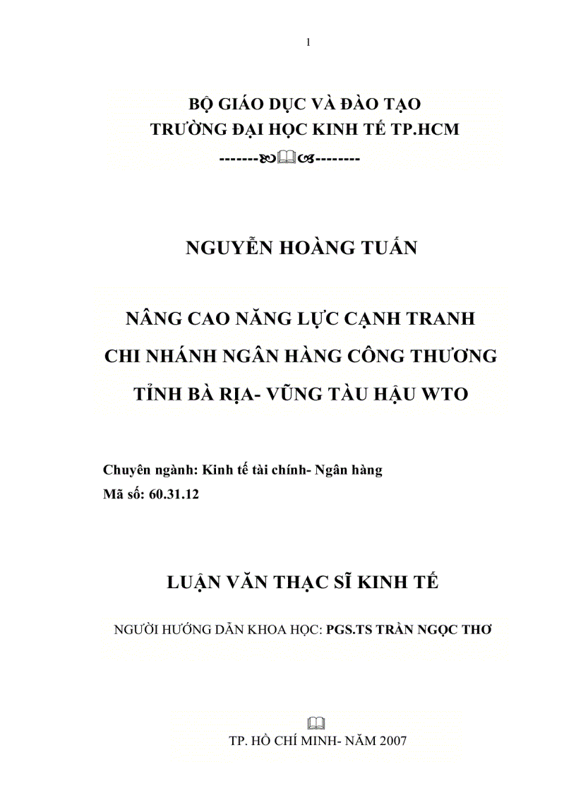 Nâng cao năng lực cạnh tranh Chi nhánh Ngân hàng Công thương tỉnh Bà rịa Vũng tàu hậu WTO