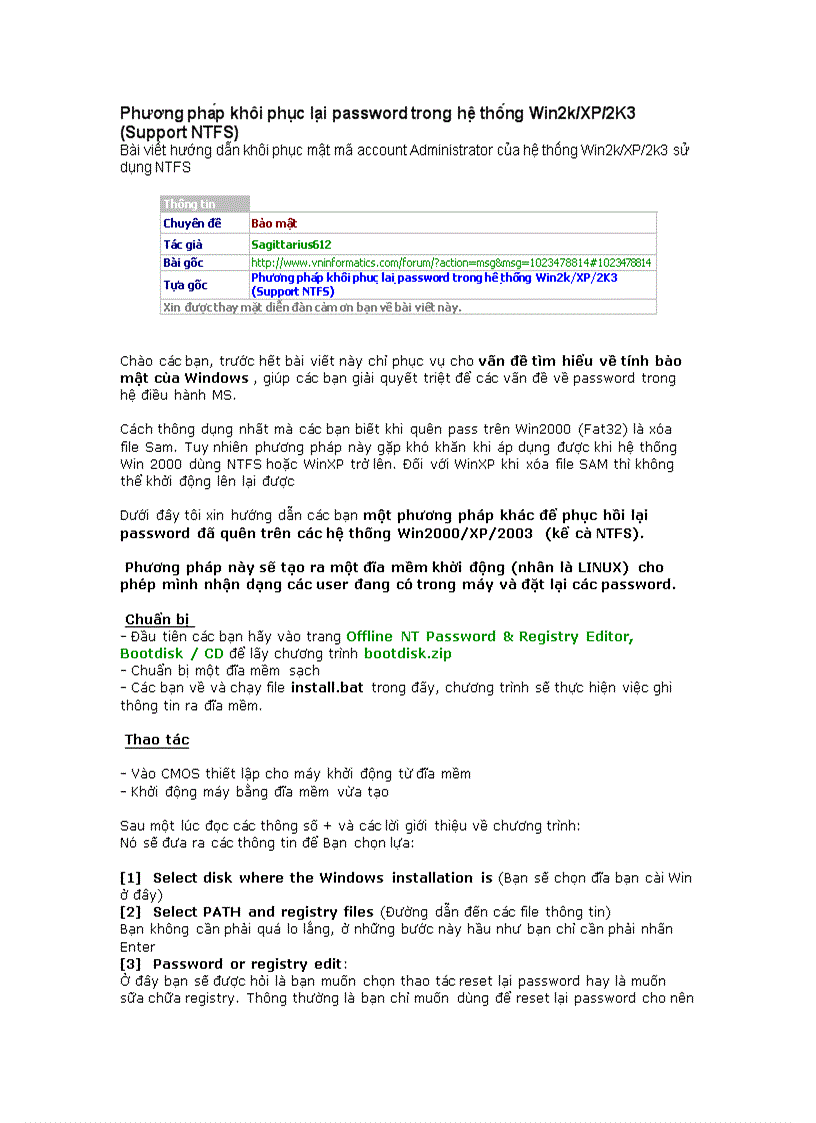 Phương pháp khôi phục lại password trong hệ thống Win2k XP 2K3 Support NTFS