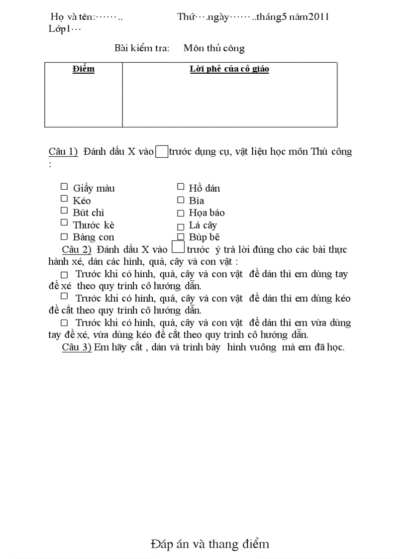 Kiểm tra môn thủ công lớp 1