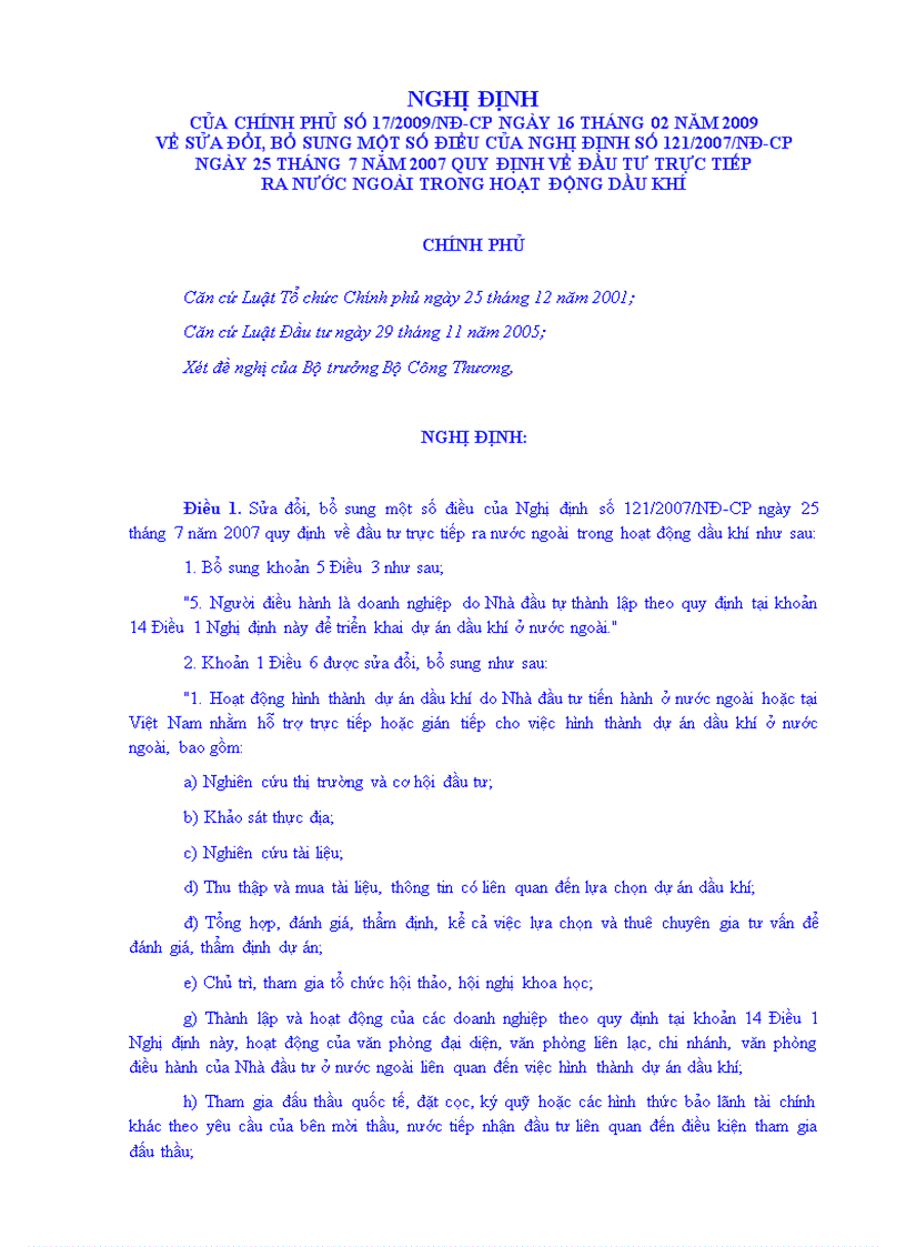 Nghị định 17 2009 sửa đổi bổ sung Nghị định 121 2007 về đầu tư Dầu khí