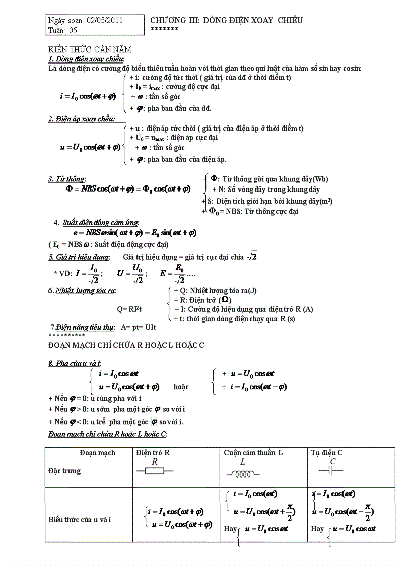 Giáo án ôn thi tốt nghiệp thpt điện xoay chiều