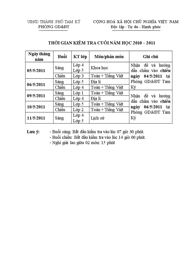 Thời gian kiểm tra cuối năm học 2010 2011