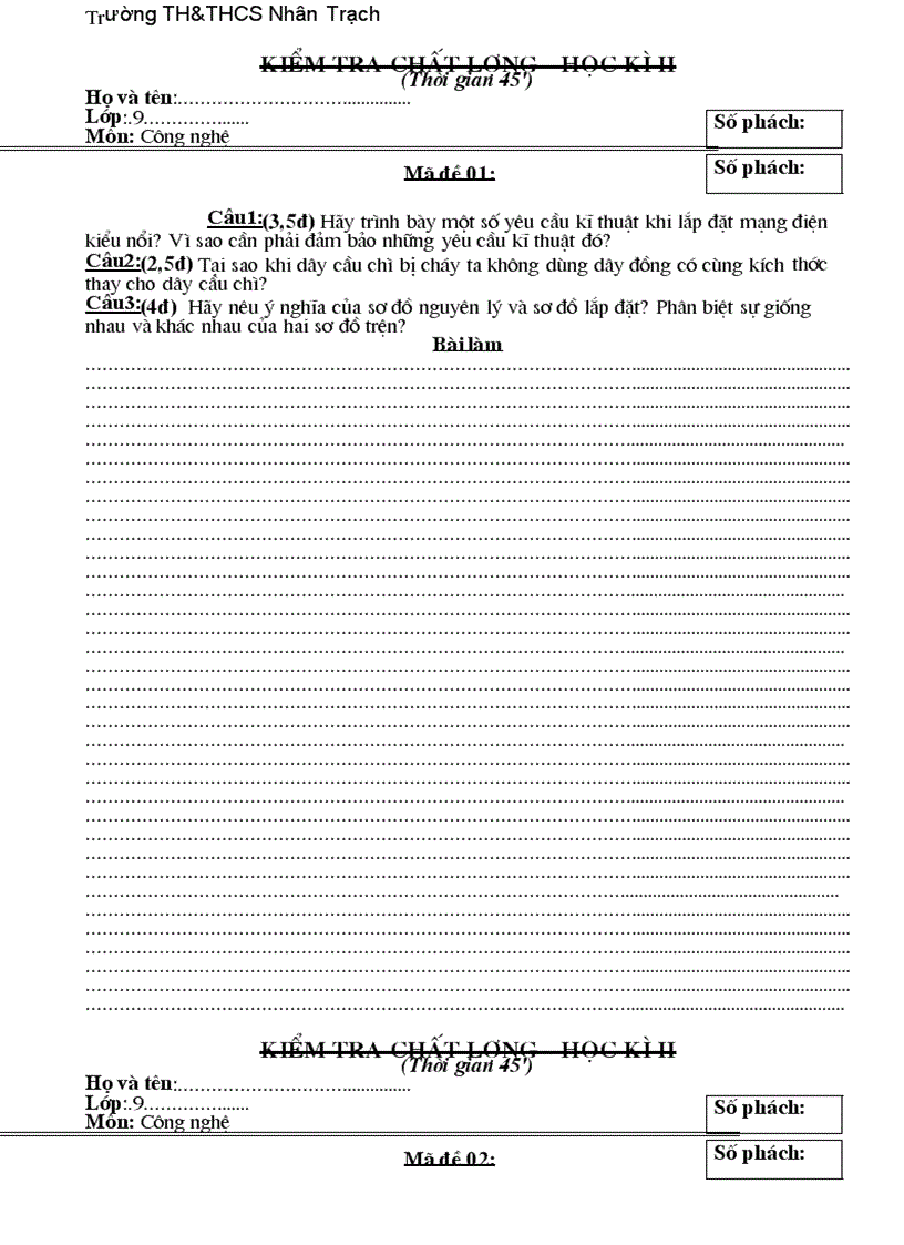 Đề kiểm tra công nghê 9 năm 2005