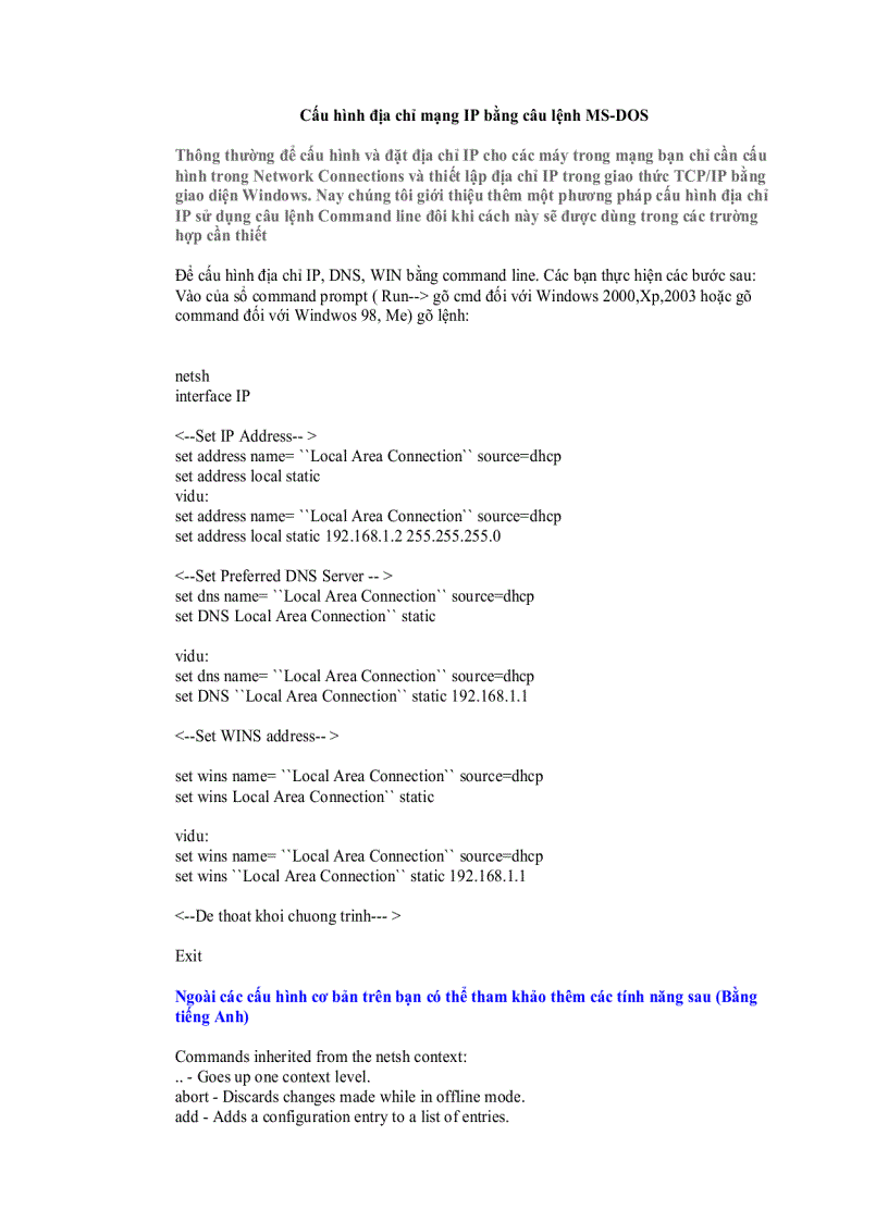Cấu hình địa chỉ mạng IP bằng câu lệnh MS DOS