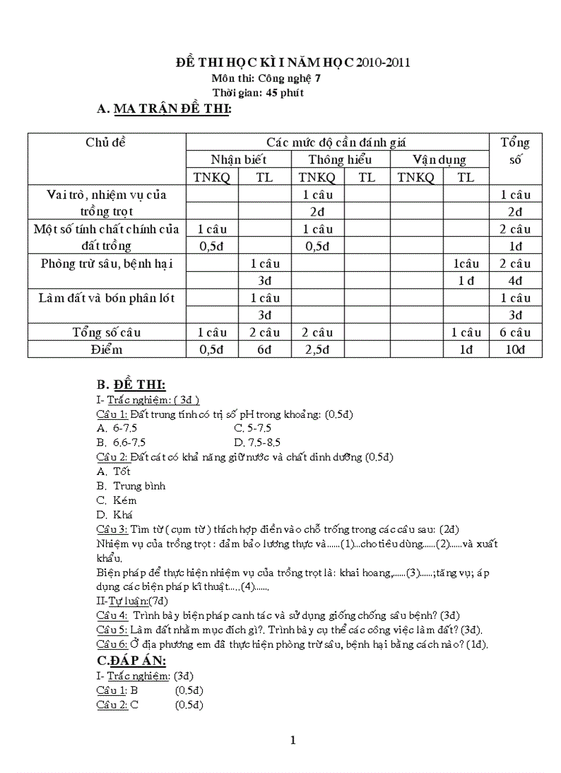 ĐỀ THI HỌC KÌ I NĂM HỌC 2010 2011 Môn thi Công nghệ 7 Thời gian 45 phút