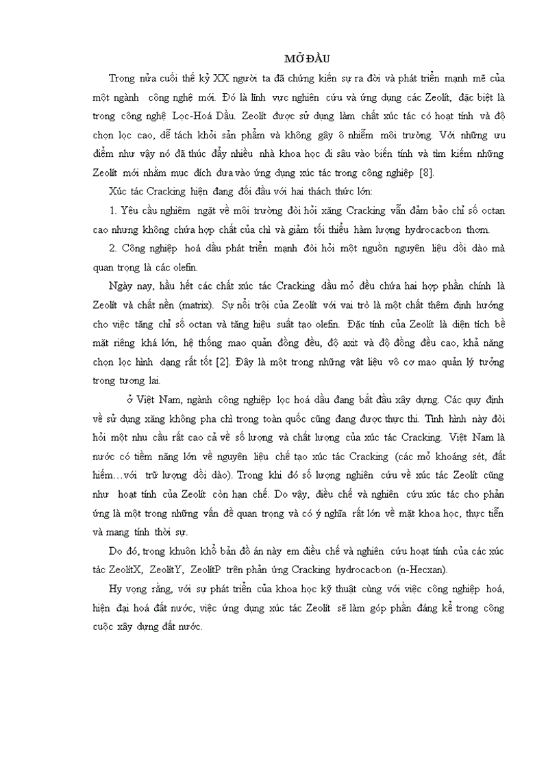 Điều chế và nghiên cứu hoạt tính của các xúc tác ZeolítX ZeolítY ZeolítP trên phản ứng Cracking hydrocacbon n Hecxan 50 trang