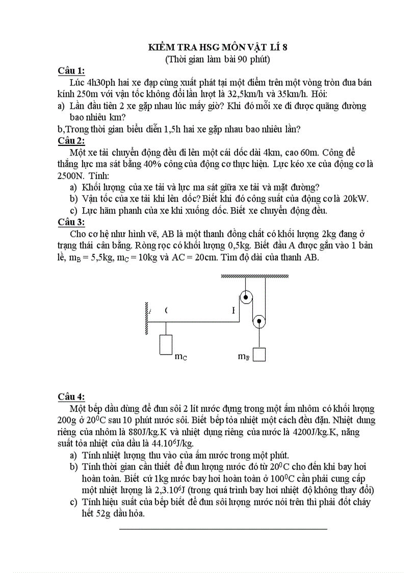 Kiểm tra hsg môn vật lí 8
