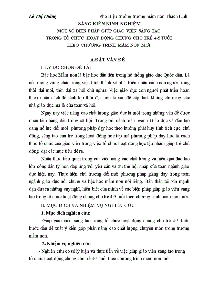 Sáng kiến kinh nghiệm một số biện pháp giúp giáo viên sáng tạo trong tổ chức hoạt động chung cho trẻ 4 5 tuổi theo chương trình mầm non mới