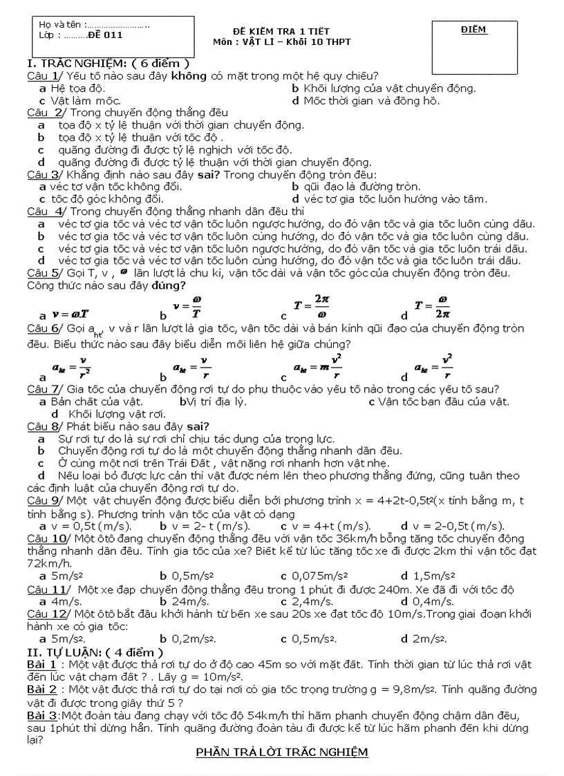 ĐỀ KIỂM TRA 1 TIẾT Môn VẬT LÍ Khối 10 THPT đề 11