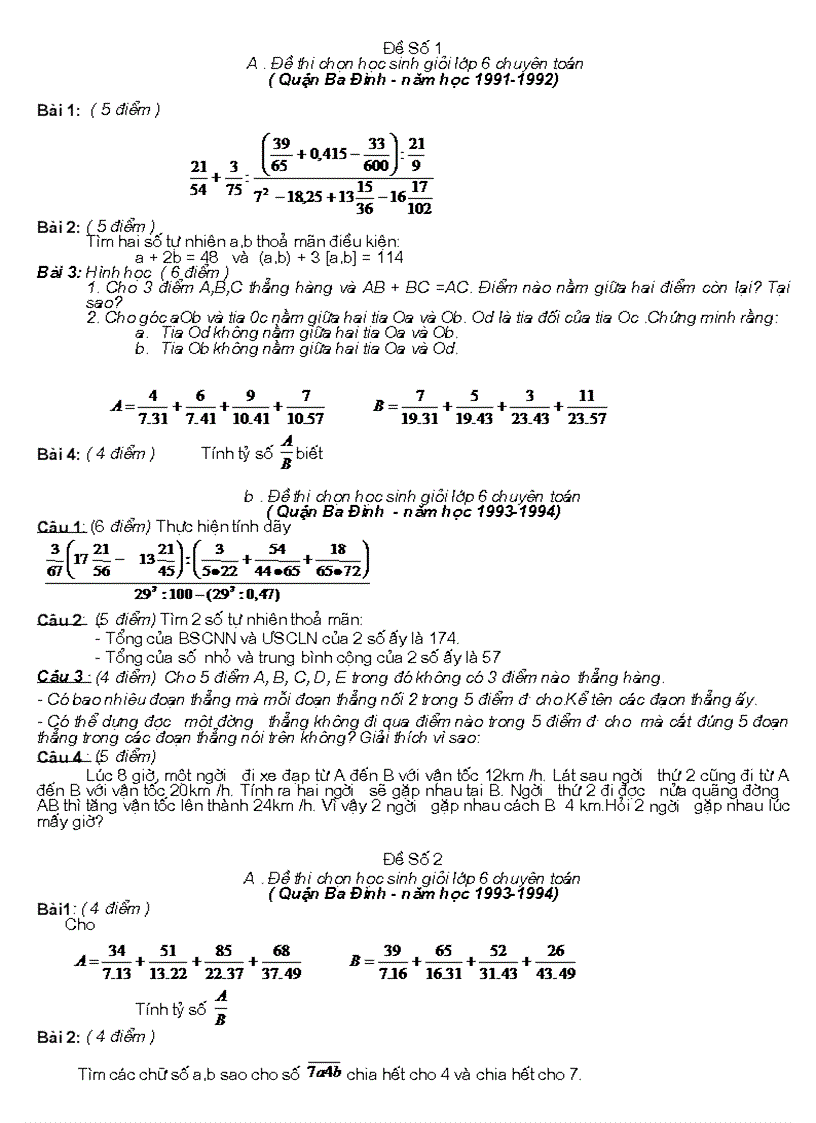 Đề thi chọn học sinh giỏi lớp 6 chuyên toán Quận Ba Đình năm học 1991 1992