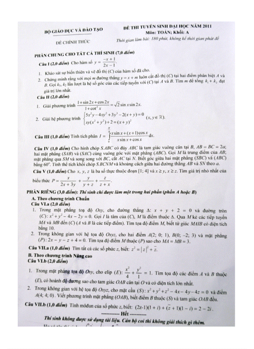 Đề và gợi ý giải đề thi đại học khối A năm 2011