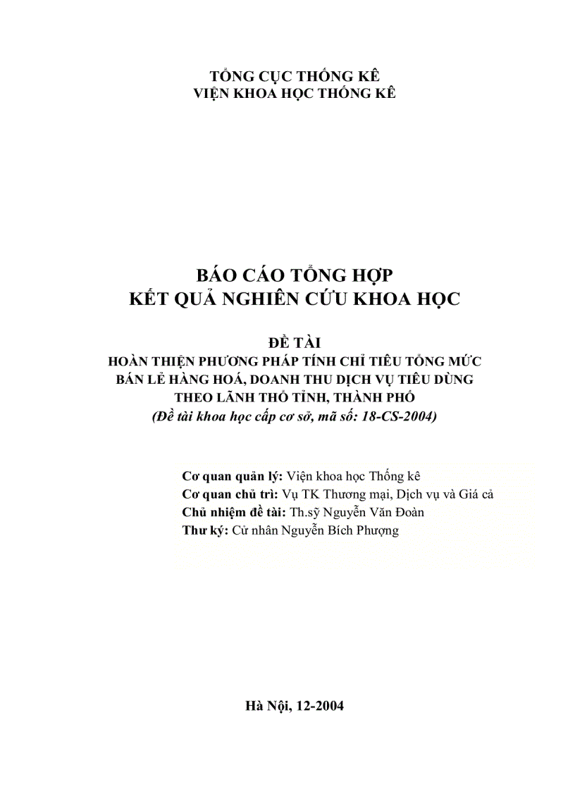 Hoàn thiện phương pháp tính chỉ tiêu tổng mức bán lẻ hàng hoá doanh thu dịch vụ tiêu dùng theo lãnh thổ tỉnh thành phố