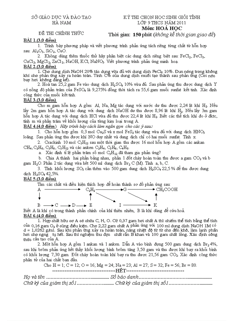 KỲ THI CHỌN HỌC SINH GIỎI TỈNH HÀ NAM LỚP 9 THCS NĂM 2011 Môn HOÁ HỌC