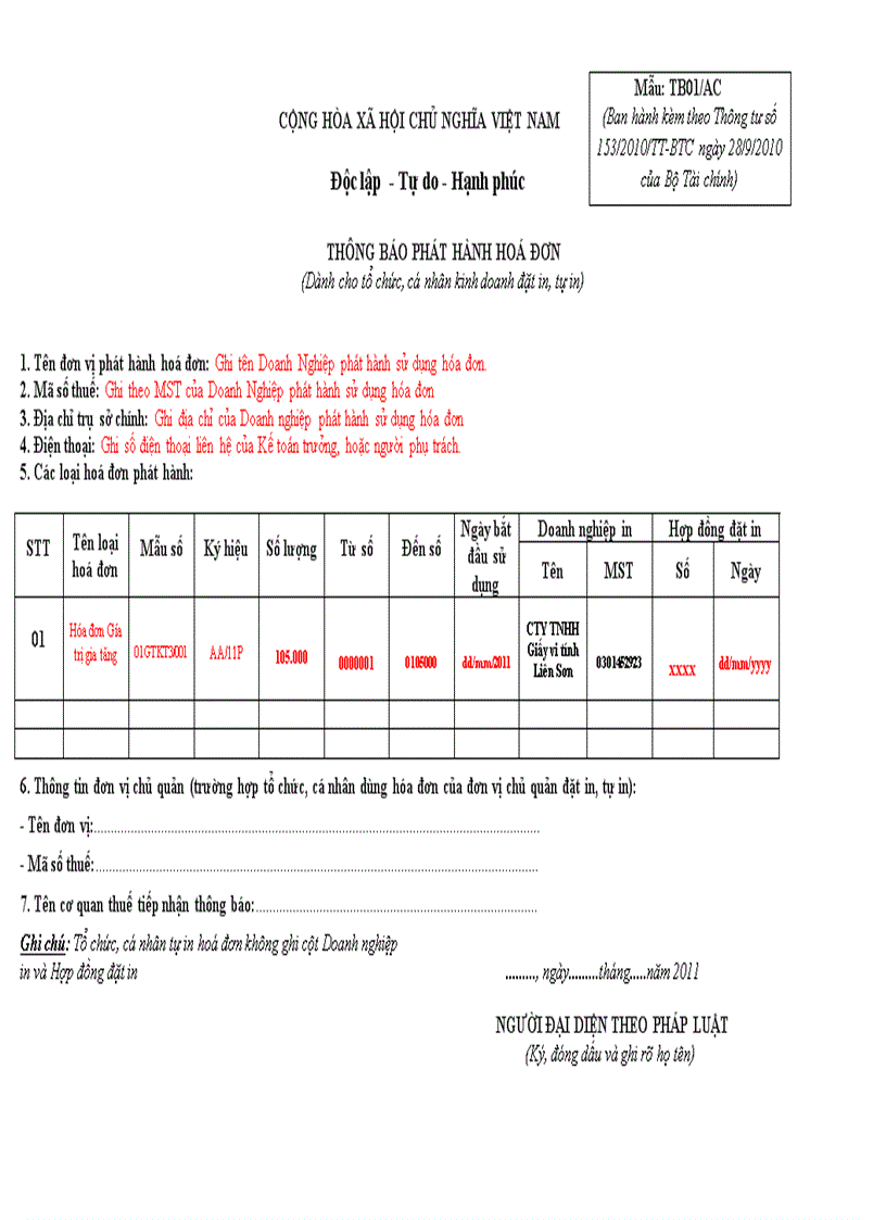 Thông báo phát hành Hóa đơn Mẫu 3 5 TT 153 đã đính chính theo QĐ 2905