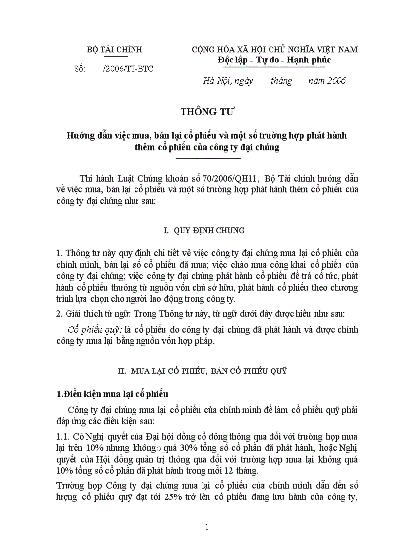 THÔNG TƯ Hướng dẫn việc mua bán lại cổ phiếu và một số trường hợp phát hành thêm cổ phiếu của công ty đại chúng