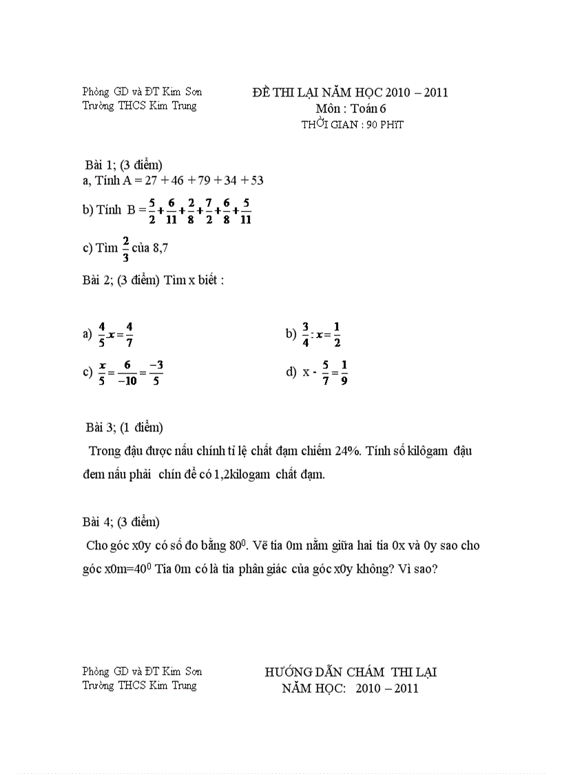 Đề thi lại toán lớp 6 năm học 2010 2011