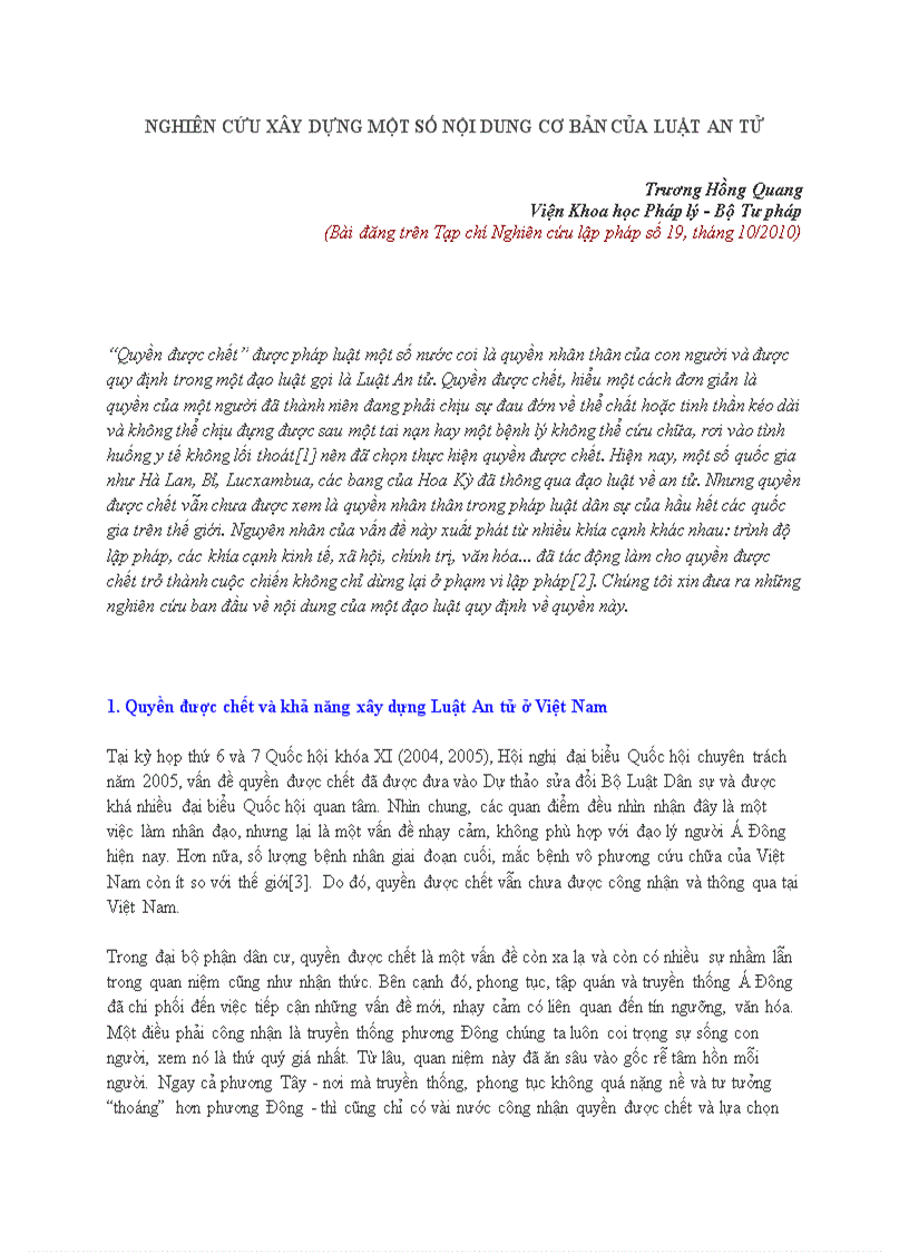 Nghiên cứu xây dựng một số nội dung cơ bản của luật an tử