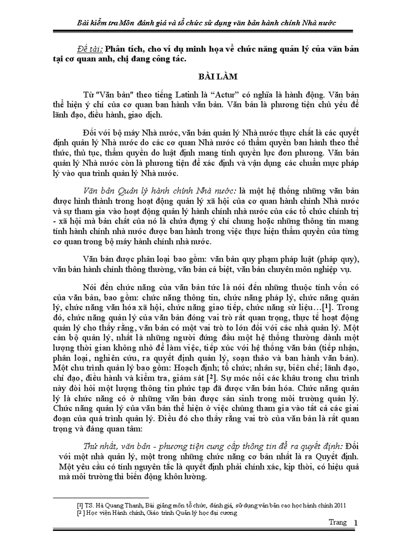 Tiểu luận Phân tích cho ví dụ minh họa về chức năng quản lý của văn bản tại cơ quan anh chị đang công tác