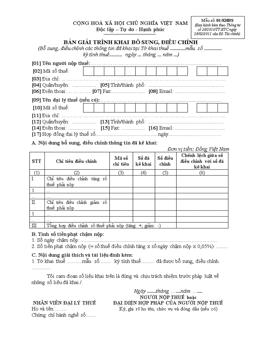 Mẫu 01 KHBS Bản giải trình khai bổ sung điều chỉnh theo thông tư 28