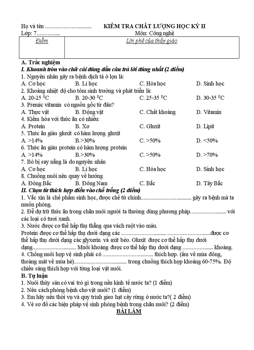 KIỂM TRA CHẤT LƯỢNG HỌC KỲ II Lớp 7 Môn Công nghệ
