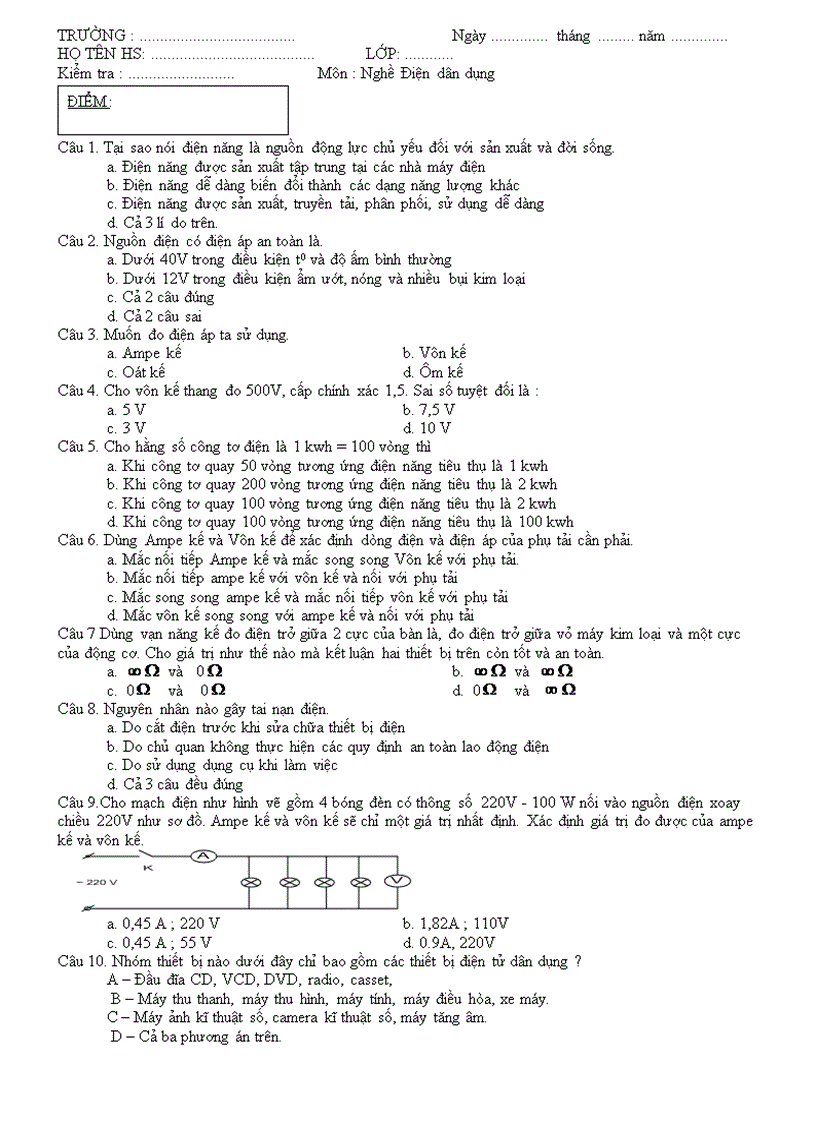 Đề thi công nghệ lớp 8 điện dân dụng
